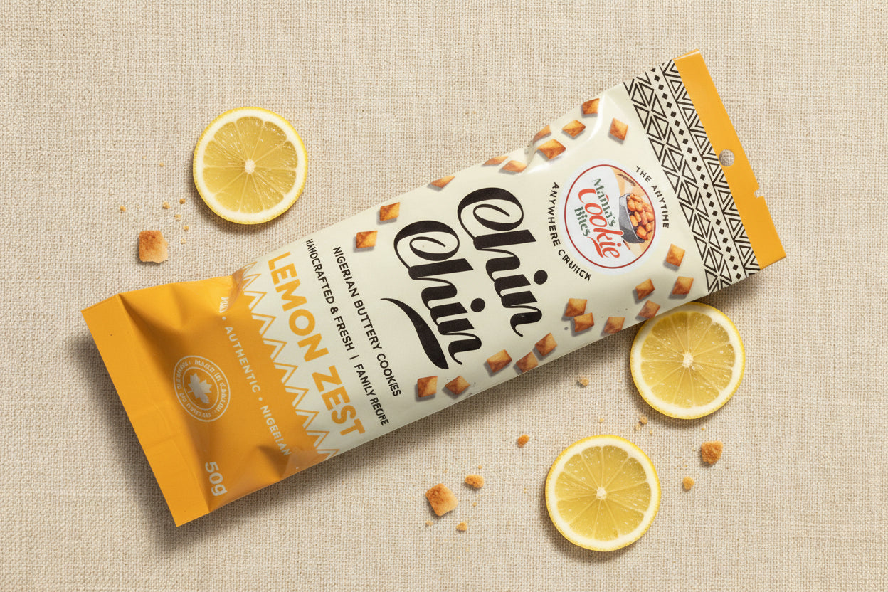A package of Chris Crein Lemon Zest Midrianna Butter Cookies lying on a wooden surface under direct sunlight.