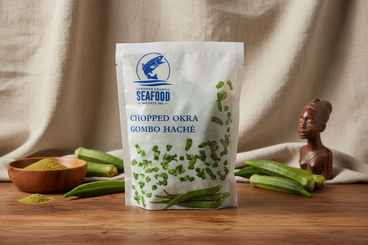 Package of chopped okra with okra pods and a bowl on a wooden surface