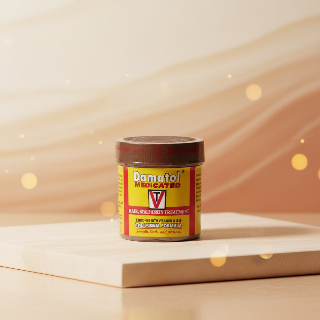 Jar of Damatol Medicated hair, scalp, and skin treatment on a transparent background