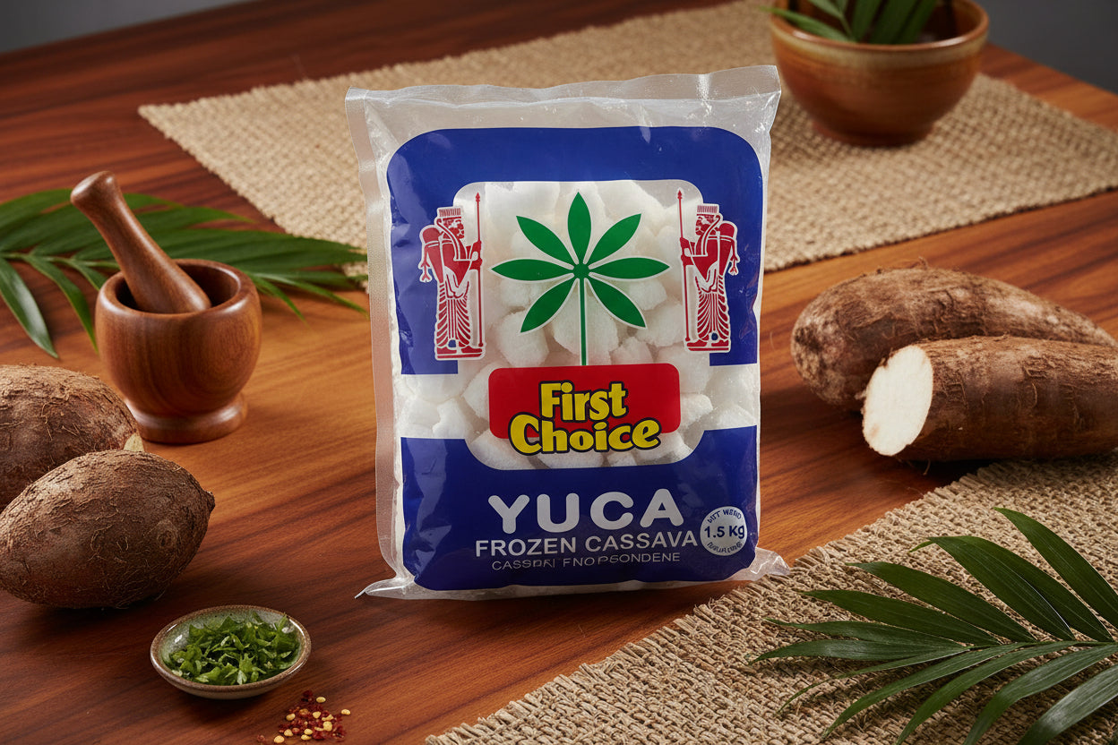 Packaged Yuca with 'First Choice' branding on a wooden table with cassava roots and a mortar and pestle.
