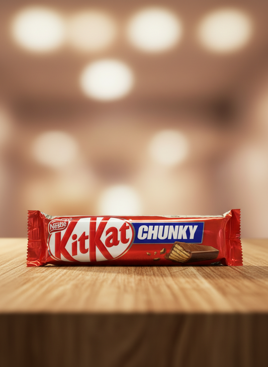 Kit Kat Chunky bar held in a hand with a blurred background