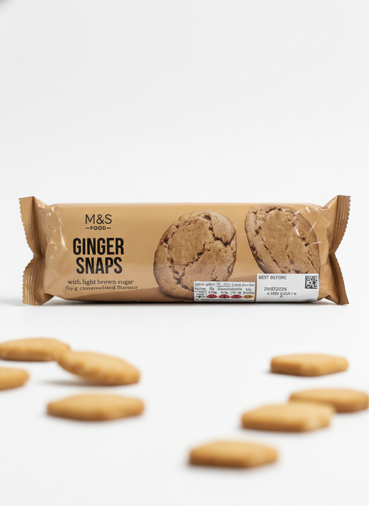 A pack of M&S Ginger Snaps with the packaging showing the product name and a picture of the ginger snaps. Several ginger snaps are visible outside the packaging.
