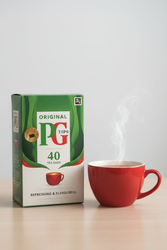 A box of PG Tips Original tea bags, 40 tea bags, placed on a gray textured surface with a blurred Christmas tree in the background.