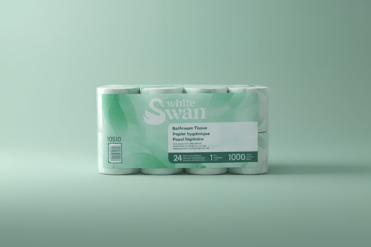 Package of Swiffer bathroom tissue on a store shelf with other products.