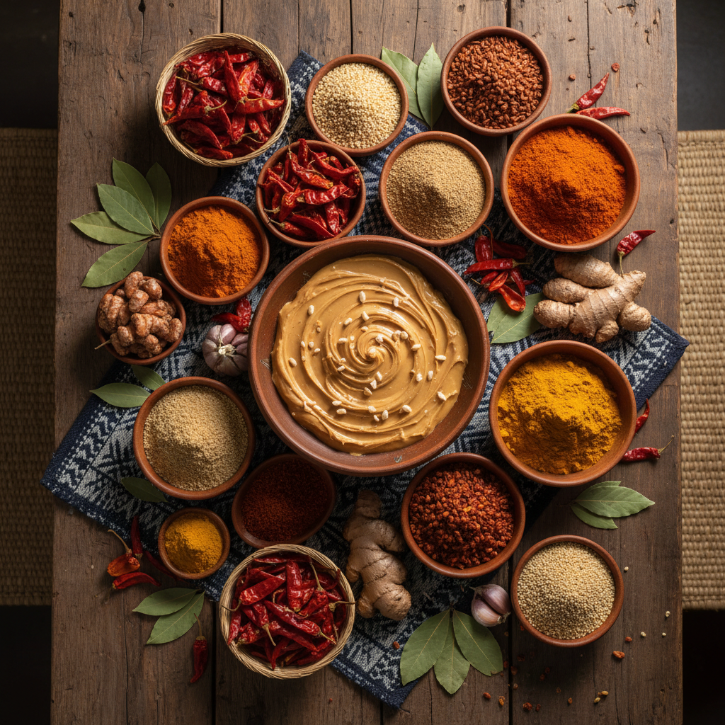 Overhead view of a table filled with Nigerian food staples like spices, rice, and peanut butter