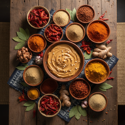 Overhead view of a table filled with Nigerian food staples like spices, rice, and peanut butter