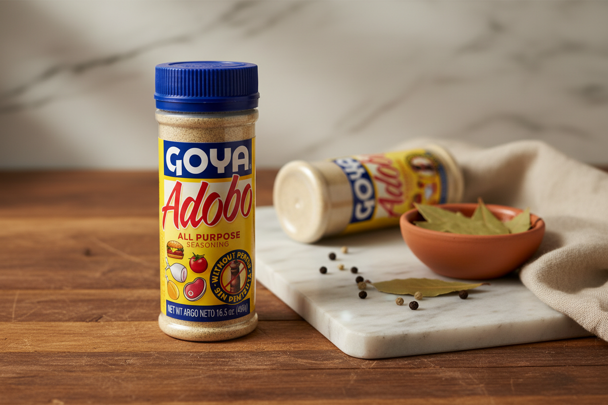 Goya Adobo seasoning container on a white background