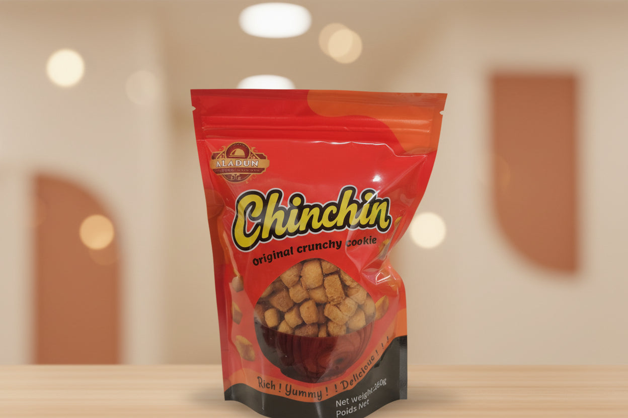 Red package of Chinchin crunchy pasta on a blurred background