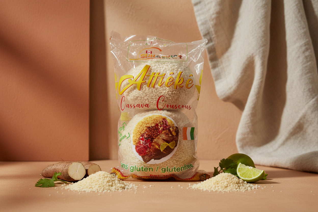 Packaged food item with branding on a dark surface