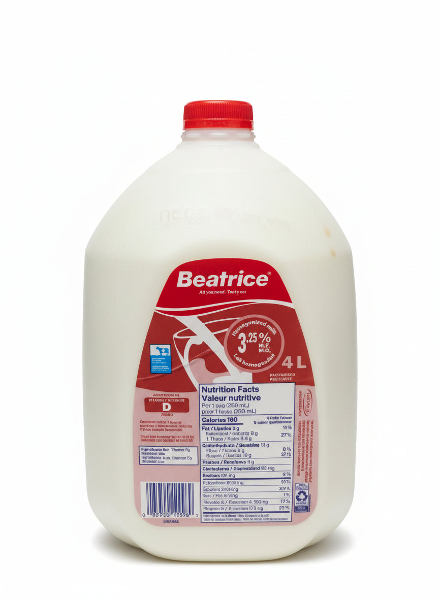 Beatrice milk bottle with label on a blurred background