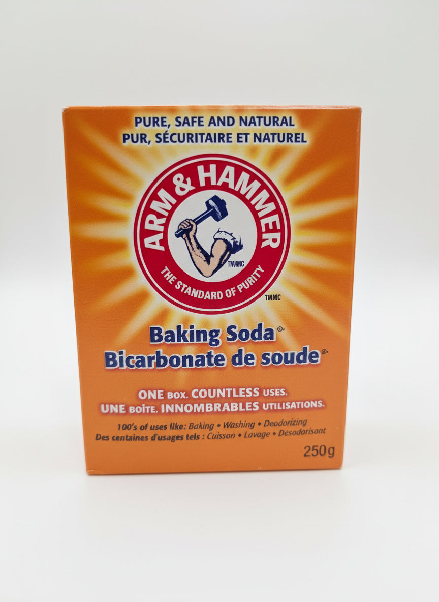 Box of Arm & Hammer baking soda on a white background