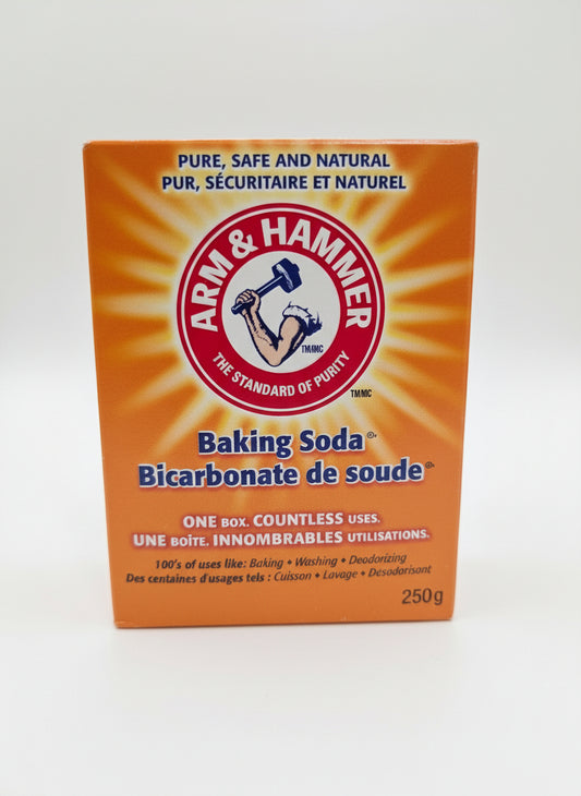 Box of Arm & Hammer baking soda on a white background