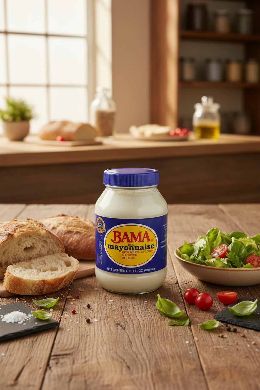 A jar of BAMA mayonnaise stands on a rustic wooden table, surrounded by sliced bread, a bowl of salad with tomatoes and basil, and scattered herbs and salt. The background shows a softly blurred kitchen interior with warm lighting.