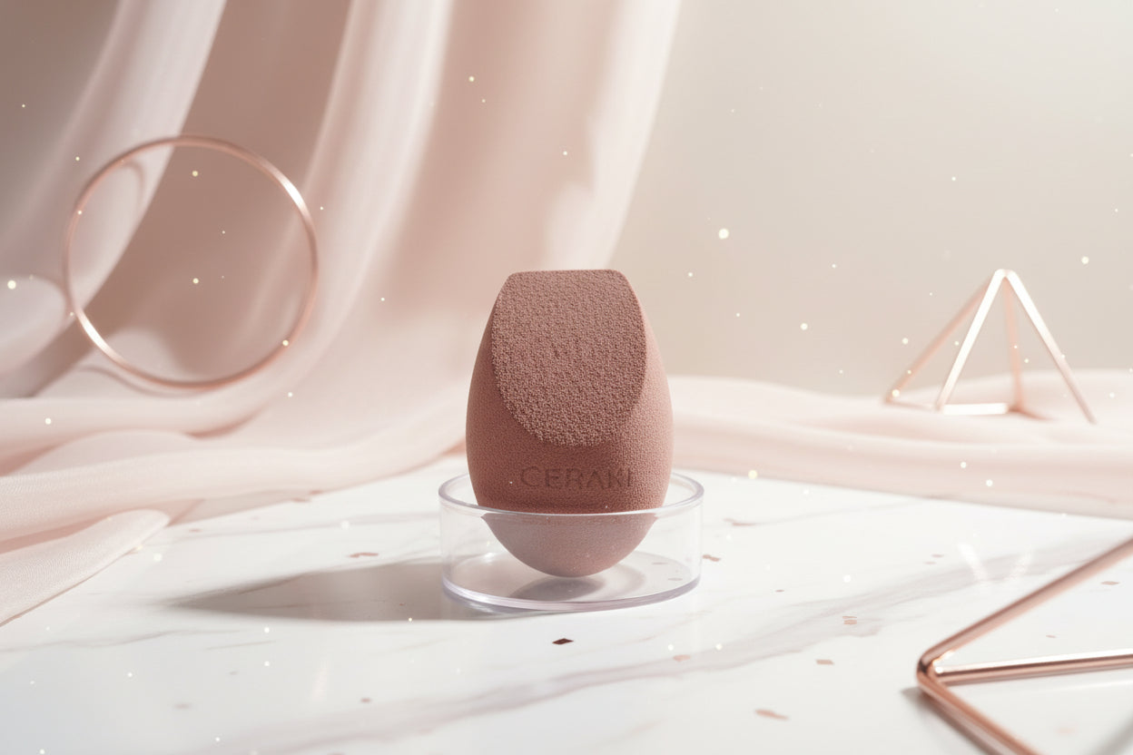 Cosmetic sponge on a stand with geometric shapes in the background