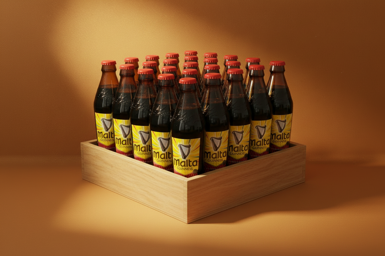 Case of Malta Guinness Malt bottles on a wooden tray with a brown background