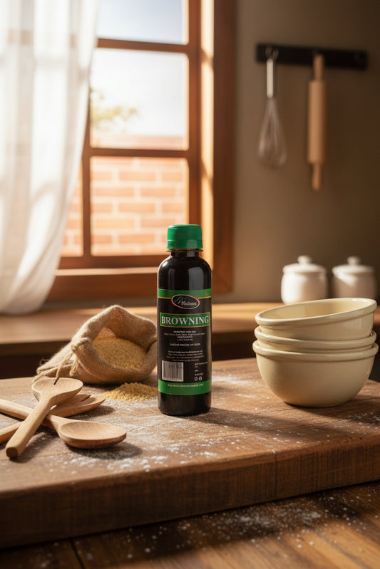 Browning bottle on a white surface with a blurred background