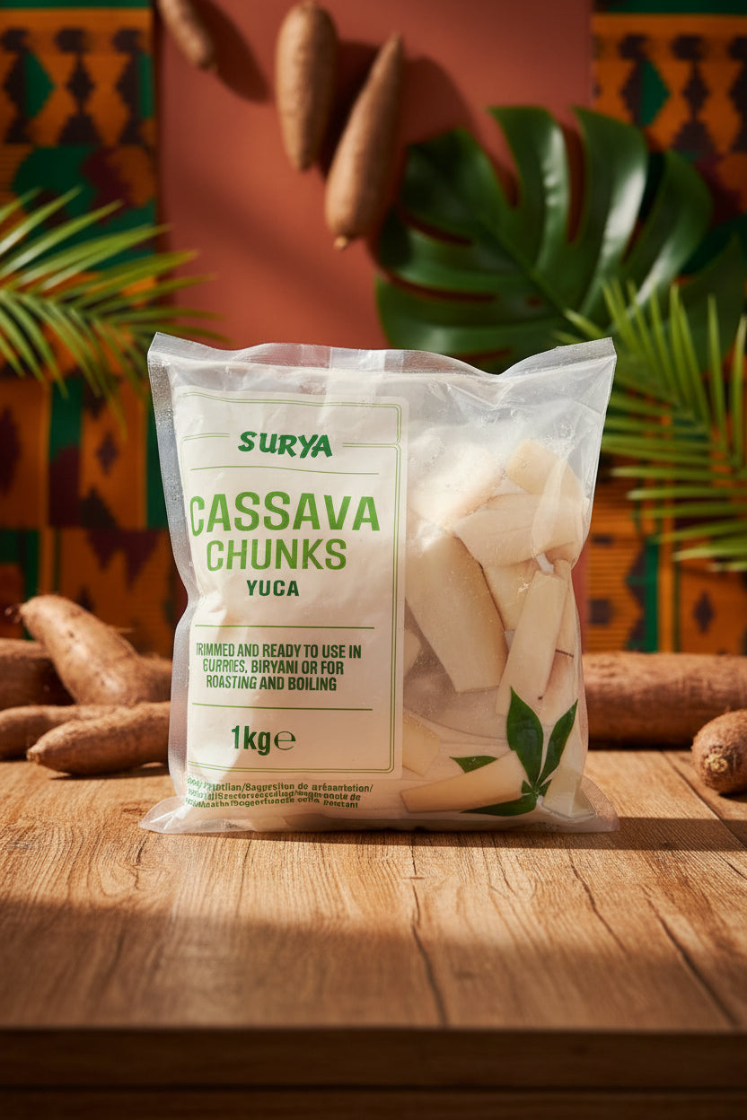 A 1kg package of Cassava Chunks (Yuca) on a wooden surface. The packaging is white with green text and shows a photo of peeled, cut, and dried cassava pieces on the right side.