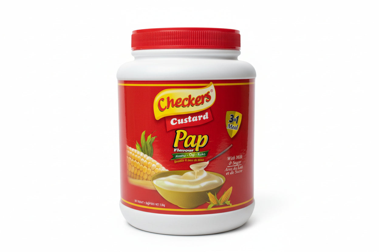 Jar of Checkers Custard Pap on a shelf with other products.