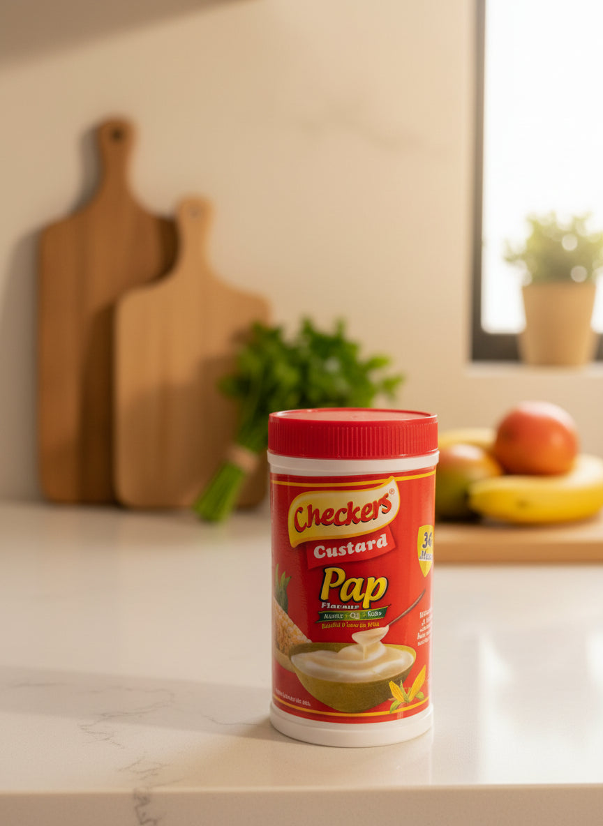 Container of Checkers Custard Pap on a store shelf