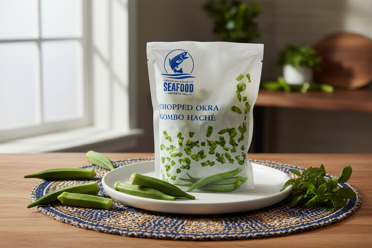 Bag of chopped okra with a brand logo on a pegboard background