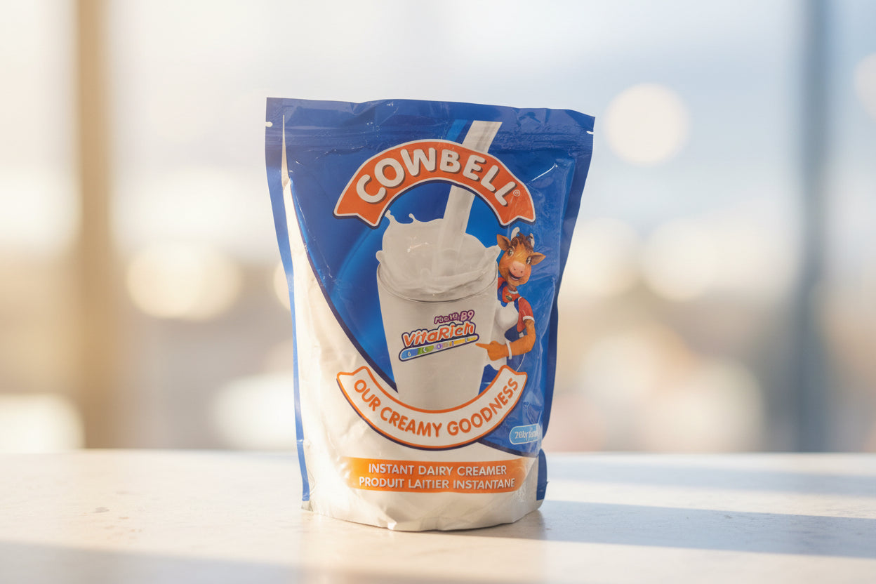Cowbell brand product packaging on a pegboard background