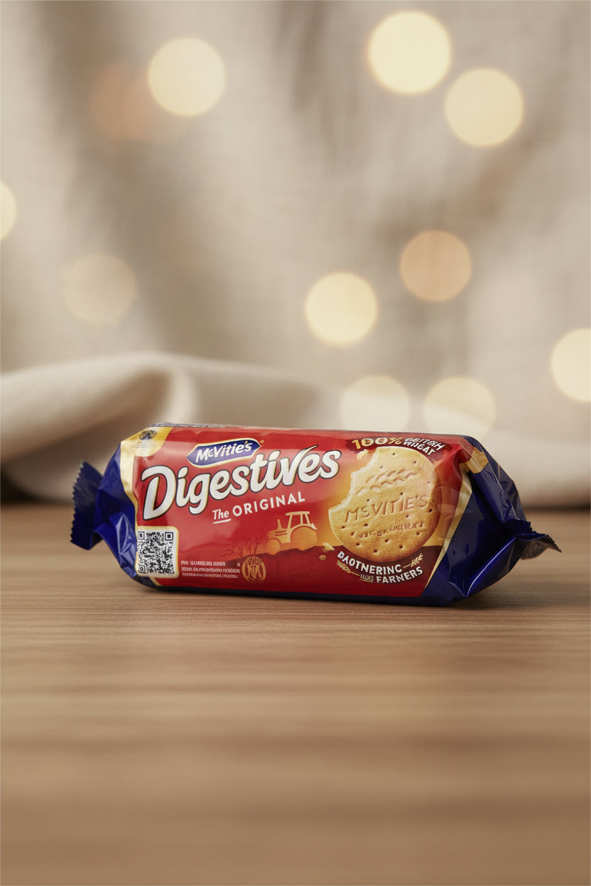 A package of McVities Digestives biscuits, featuring its signature red and blue wrapper, placed on a light-colored wooden tabletop.