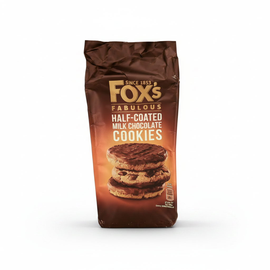 Packaging of Fox's Fabulous Half-Coated Milk Chocolate Cookies showing the brand logo, the product name, and an image of the cookies.