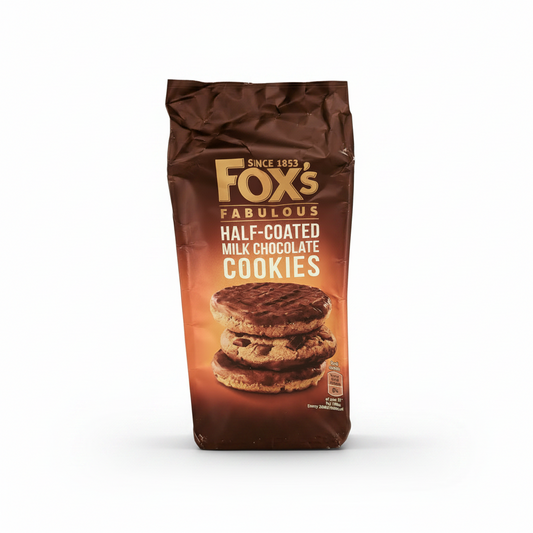 Packaging of Fox's Fabulous Half-Coated Milk Chocolate Cookies showing the brand logo, the product name, and an image of the cookies.