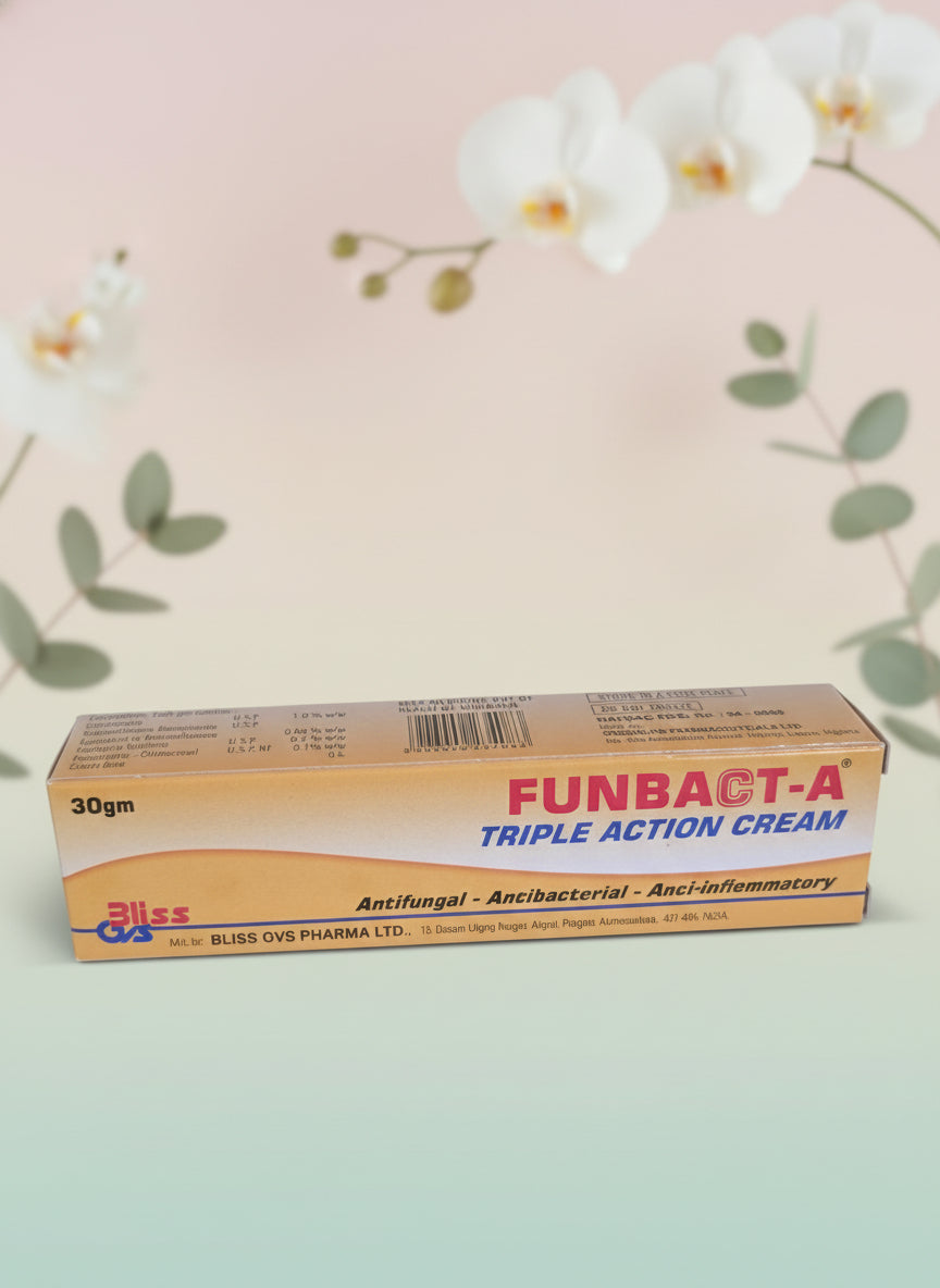 Box of Funbact-A Triple Action Cream on a metal shelf