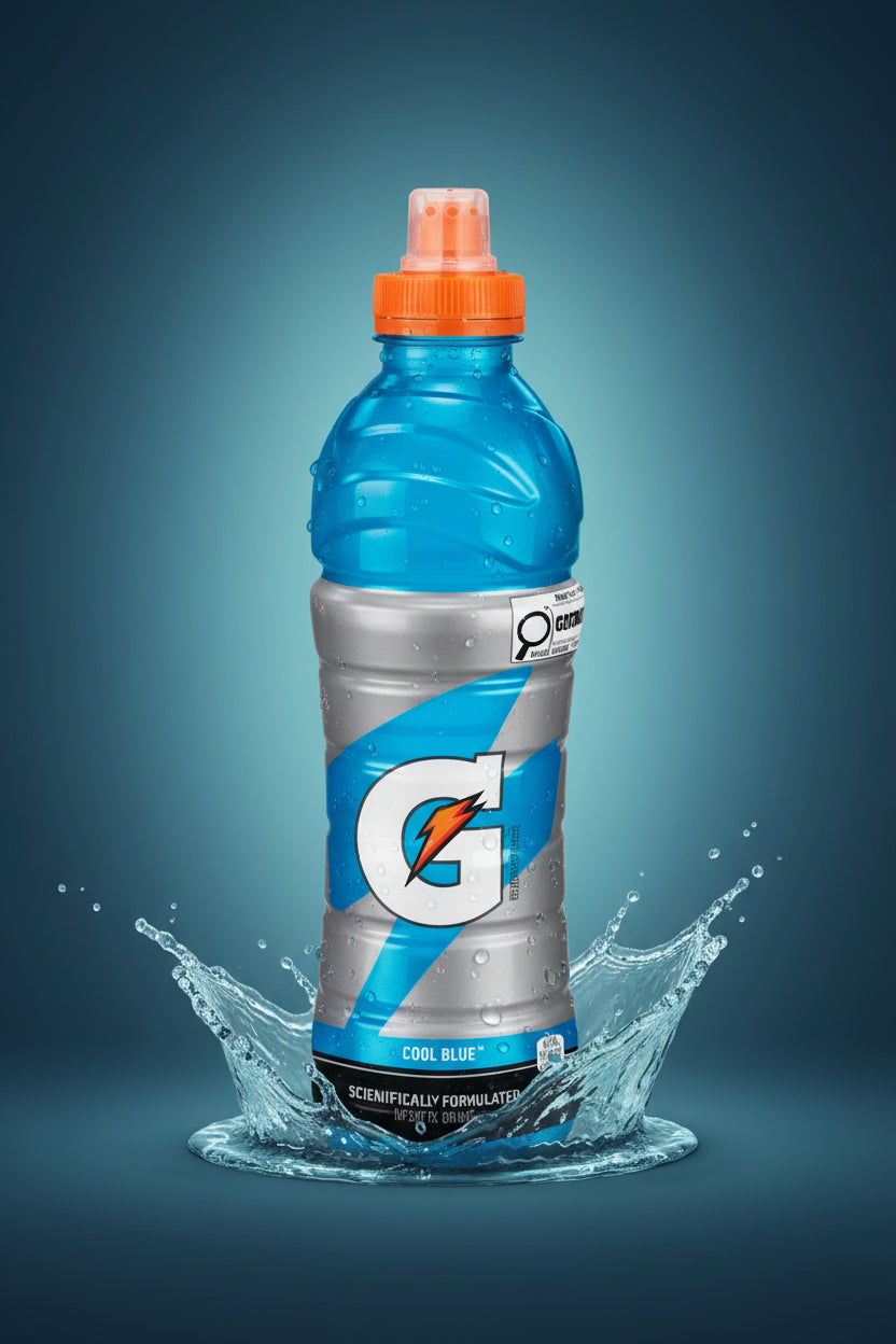 A bottle of Gator Power drink in Cool Blue flavor, featuring a translucent blue bottle, a silver and blue label with a large white G logo, and an orange cap, shown on a plain white background.