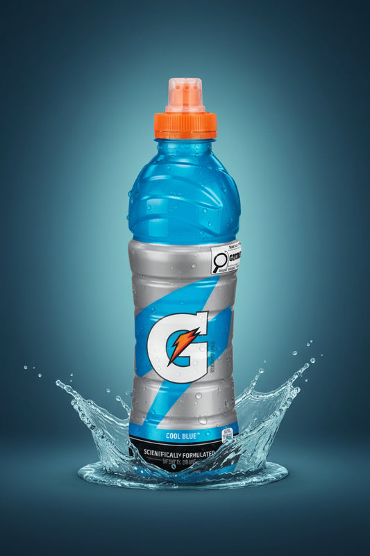 A bottle of Gator Power drink in Cool Blue flavor, featuring a translucent blue bottle, a silver and blue label with a large white G logo, and an orange cap, shown on a plain white background.