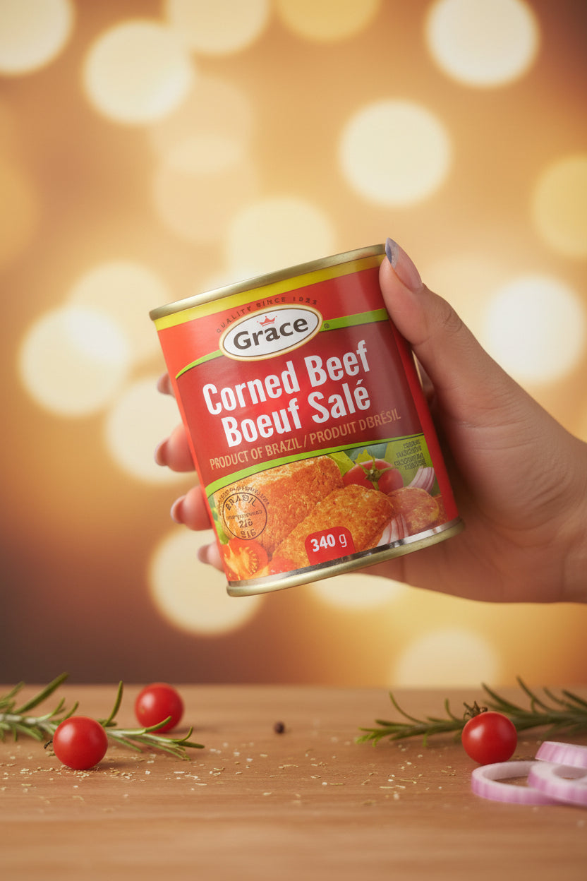 Can of Grace corned beef held by a hand on a neutral background