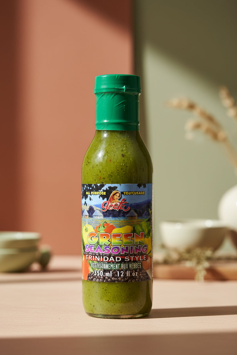 Bottle of green seasoning on a table with a blurred background