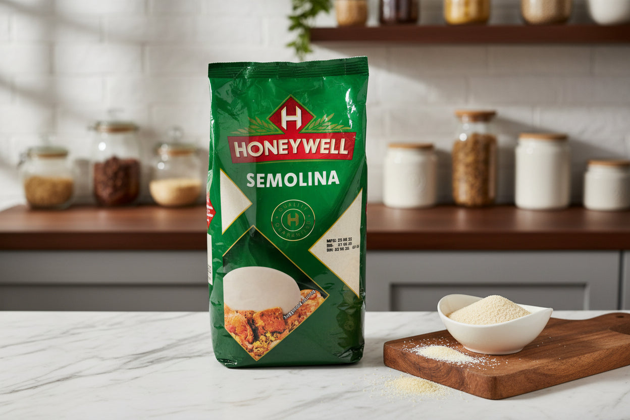 Green package of Honeywell Semolina on a blurred background