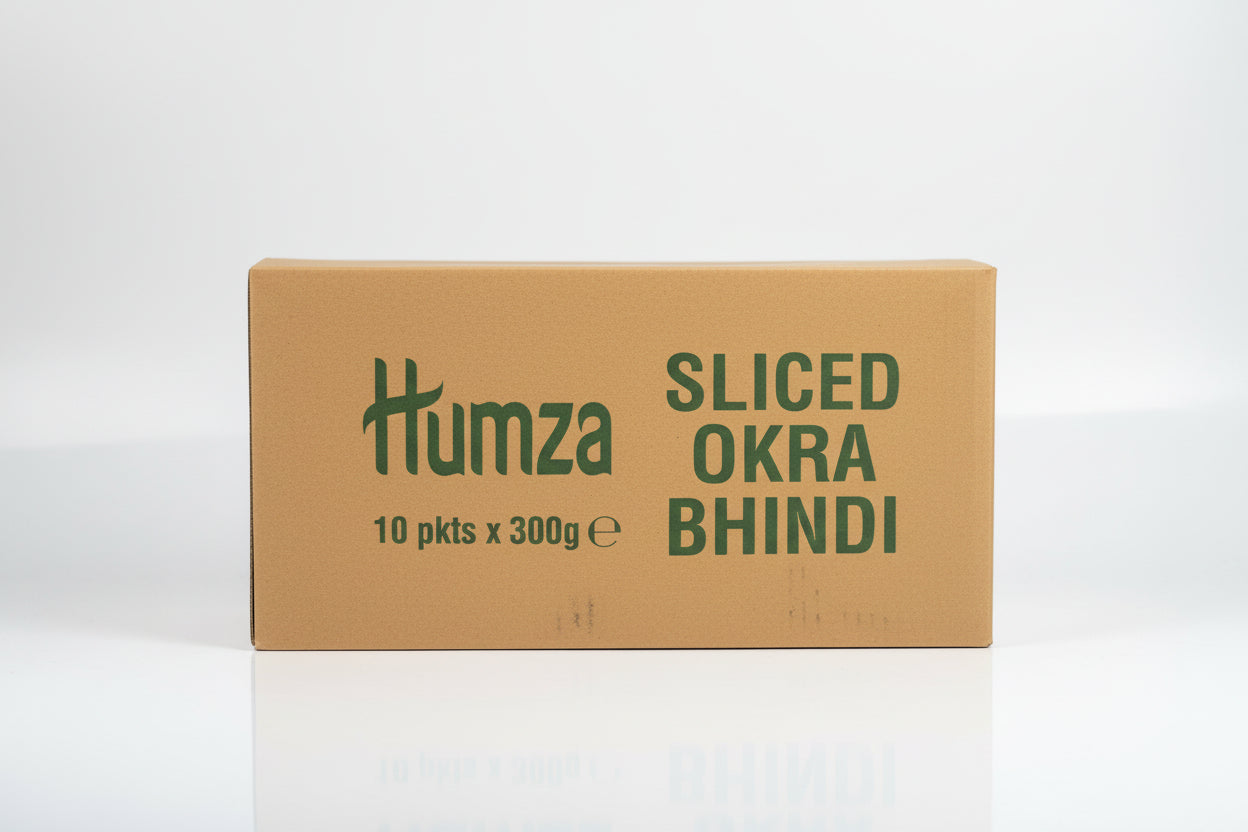 Cardboard box of Humza sliced okra on a reflective surface