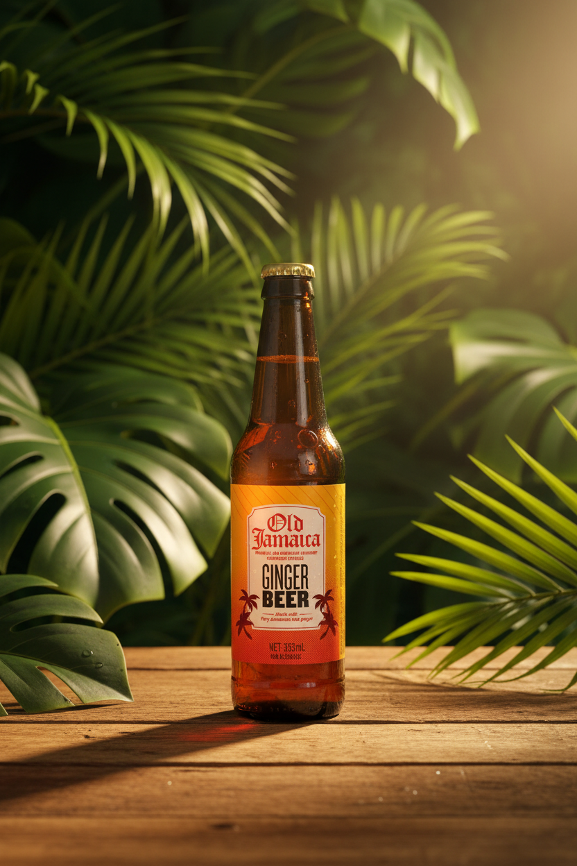 Old Jamaica Ginger Beer bottle on a wooden surface with green leaves in the background
