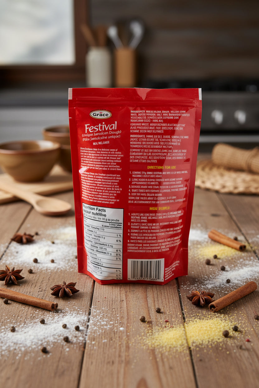 Red package with text and a barcode on a textured surface