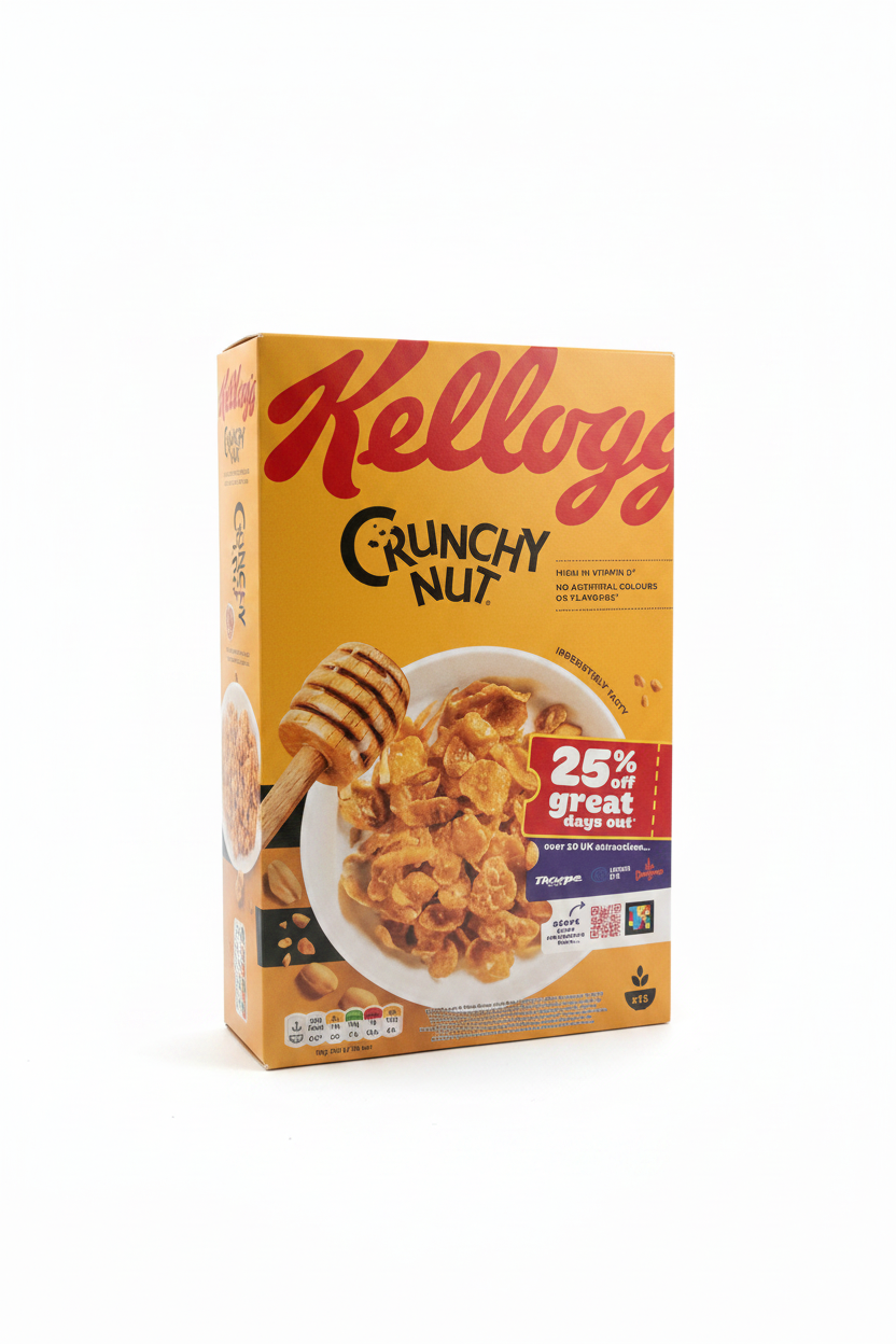 A box of Kellogg's Crunchy Nut cereal, featuring its signature orange packaging with red branding and an image of cereal in a bowl, set against a plain white background.