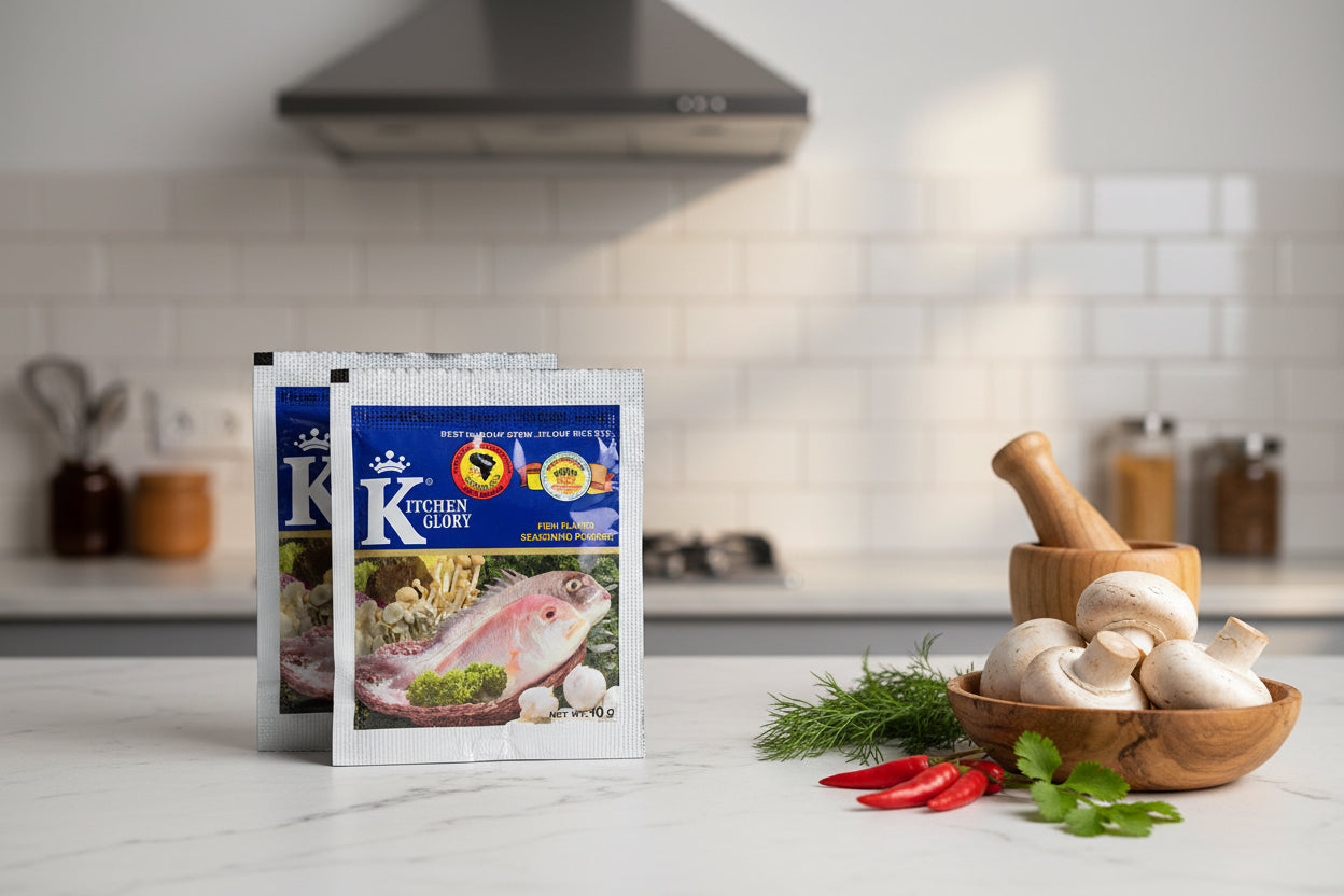  'Kitchen Glory' fish seasoning packets on a white surface.
