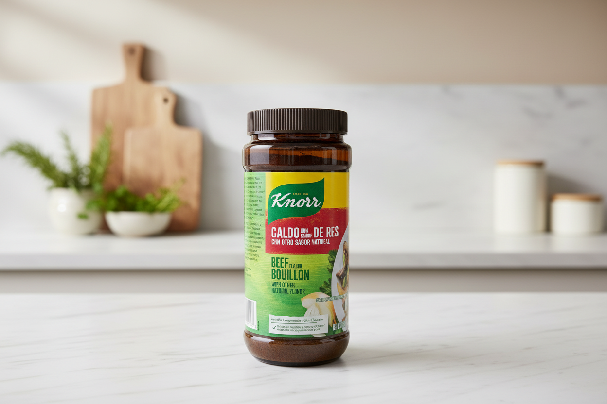 Knorr beef bouillon cube container on a kitchen counter