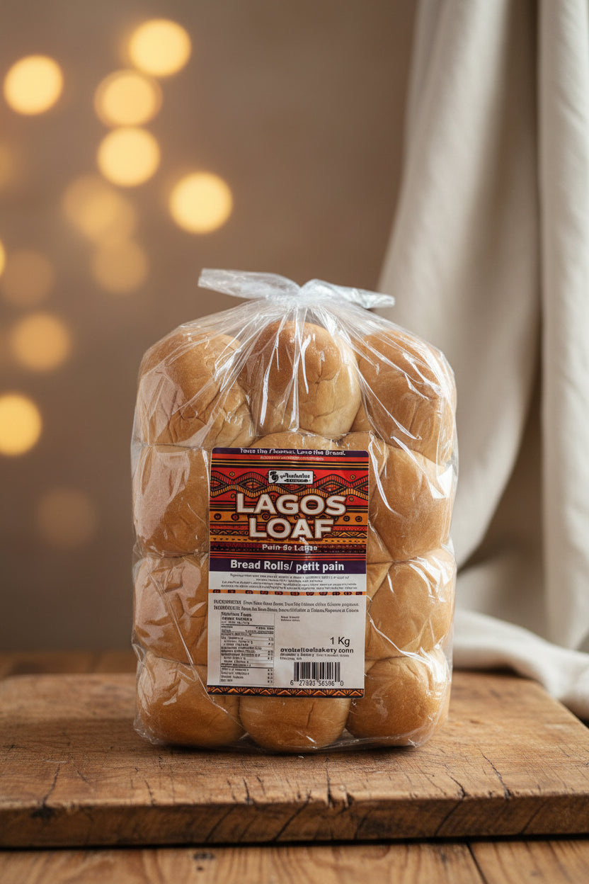 A 1 kg bulk pack of Lagos Loaf bread rolls in clear plastic packaging with a prominent red, black, and white label.