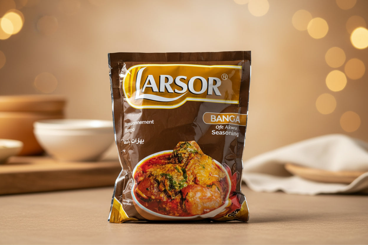 Larsor seasoning packet on a metallic surface