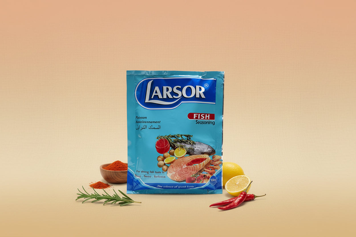 Larsor fish seasoning packet on a dark surface with other products in the background