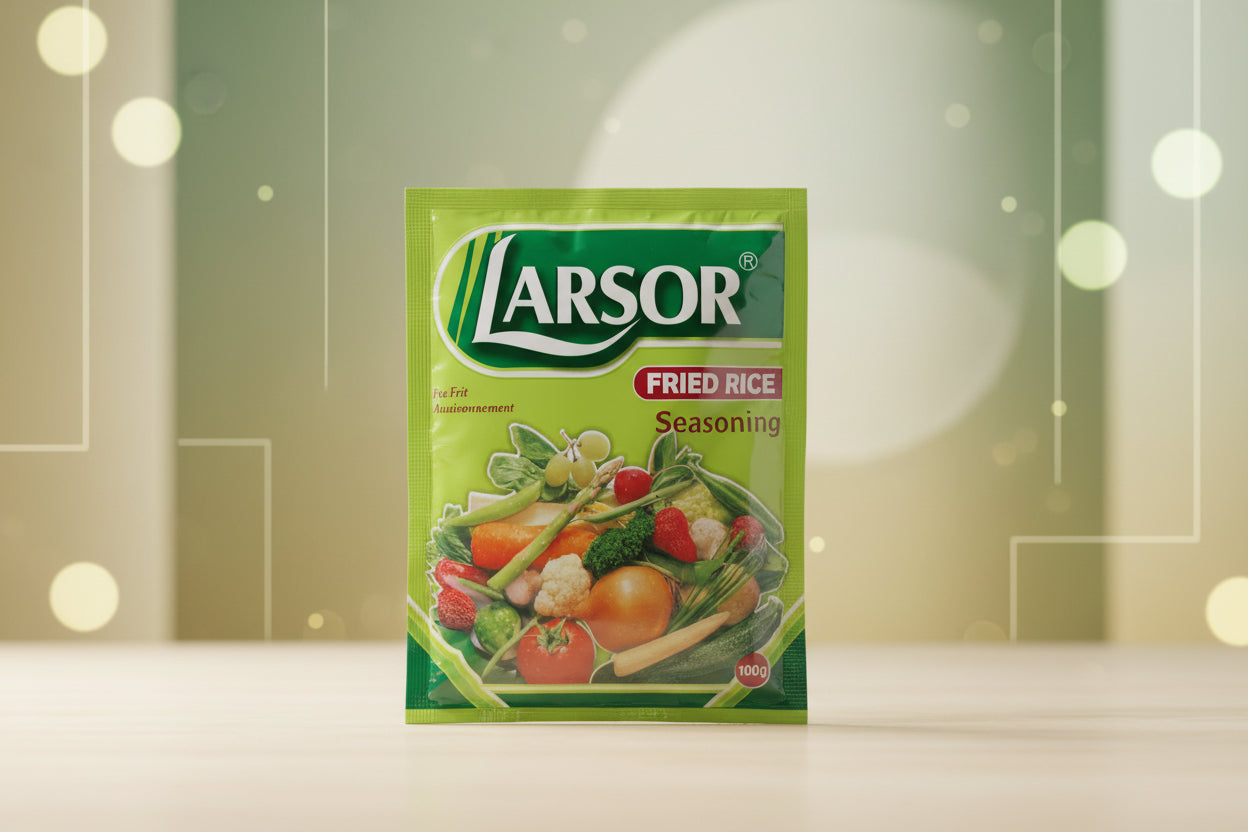Larsor fried rice seasoning packet with blurred background