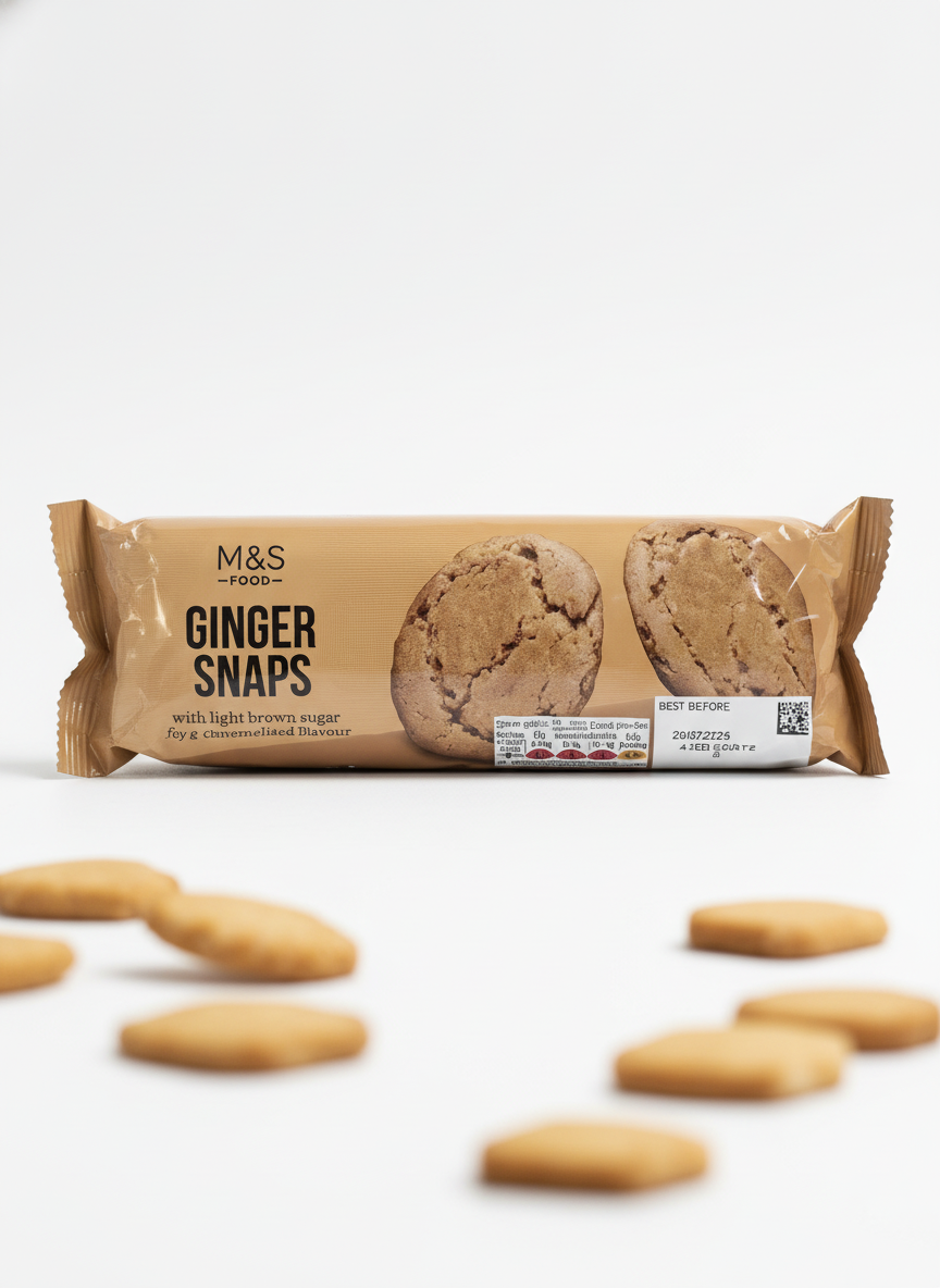 A pack of M&S Ginger Snaps with the packaging showing the product name and a picture of the ginger snaps. Several ginger snaps are visible outside the packaging.