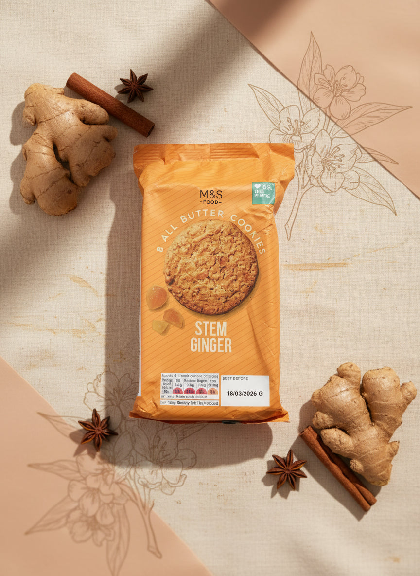 Packaged cookies with M&S branding on a pegboard background