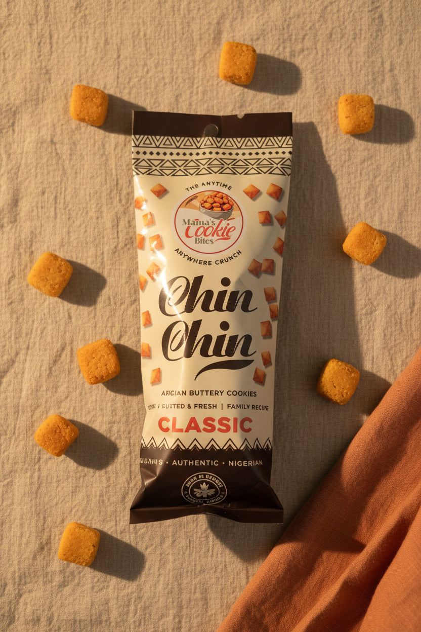 A single bag of Mama's Cookie Bites Chin Chin Classic Anytime Crunch snack chips, standing upright on a wooden surface against a dark gray background.