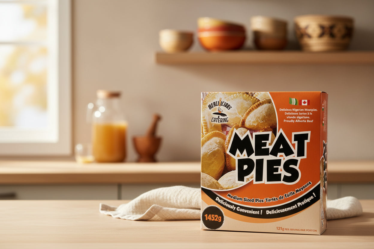 Box of meat pies with visible branding on a neutral background