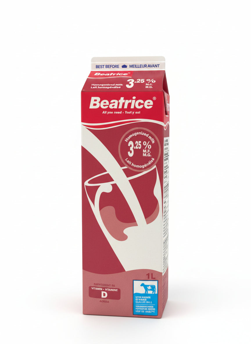 Beatrice milk carton on a shelf with a blurred background
