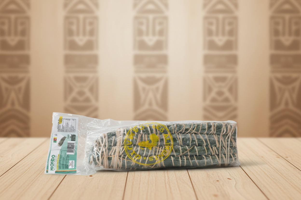 Packaged product on a wooden surface with a patterned background